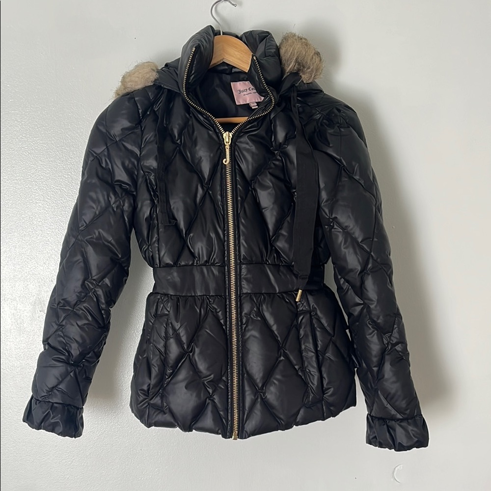 Juicy Couture Down Women's Black Quilted Jacket with Faux Fur Trim